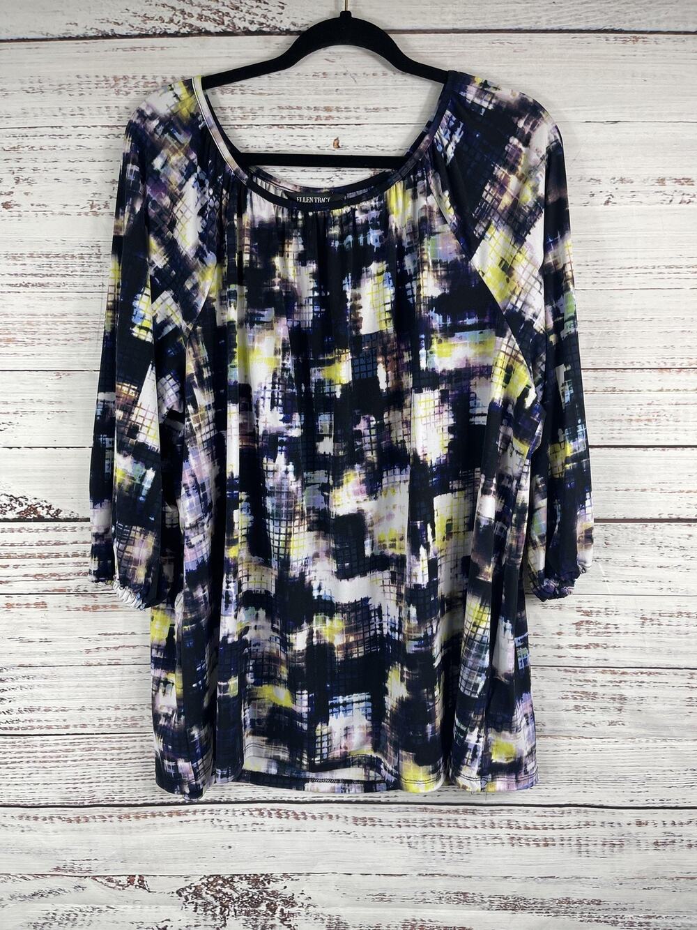 Ellen Tracy Blouse Women's 2XL Abstract Black Purple Yel Print Sheer Sleeve Top